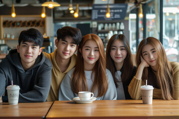 Asian friends have a great time chatting, drinking coffee at cafe. Friendship and lifestyle concept