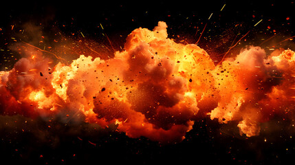A huge ball of flames and smoke from an explosion ,illustration of a fiery explosion with sparks and smoke on a black background