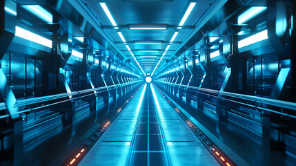 A transport tunnel with immersive blue lighting and advanced futuristic design suggesting high-speed travel