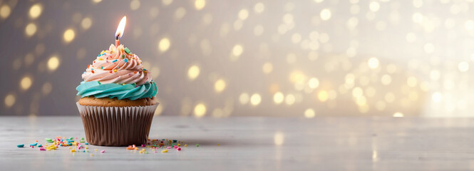 Celebratory cupcake, adorned with a lit birthday candle and vibrant sprinkles, conveys joyful birthday wishes. - obrazy, fototapety, plakaty