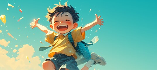 A happy child in casual jumps and laughs against a pastel background with copy space, banner for children's store. - obrazy, fototapety, plakaty