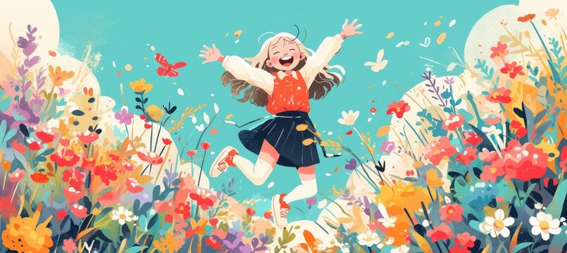 A happy child in casual jumps and laughs against a pastel background with copy space, banner for children's store.