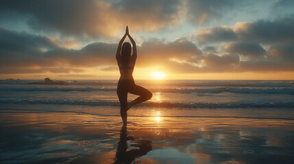 A serene image of a silhouette young woman with black hair doing yoga on a Ocean beach during sunset, promoting peace and mindfulness.