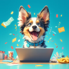 A happy dog sitting in front of an open laptop, confetti around the screen on a turquoise background
