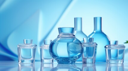 Background illustration of Test tubes on a blue background for advertising cosmetics.AI generated image