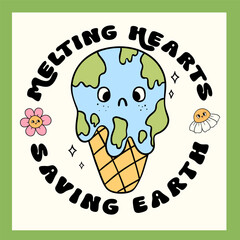 Retro Earth Day, melted globe ice cream Pastel Doodle Drawing Cartoon Character, shirt design printable.