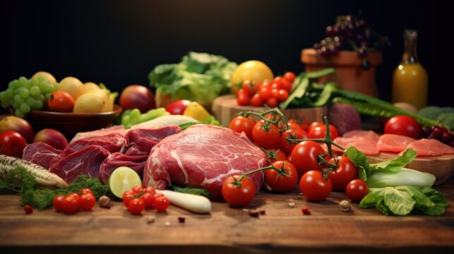 fresh meat on a wooden table with vegetables on a wooden table.AI generated image