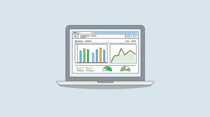 This cel shaded illustration features a laptop displaying vibrant bar charts and pie graphs, symbolizing data analysis