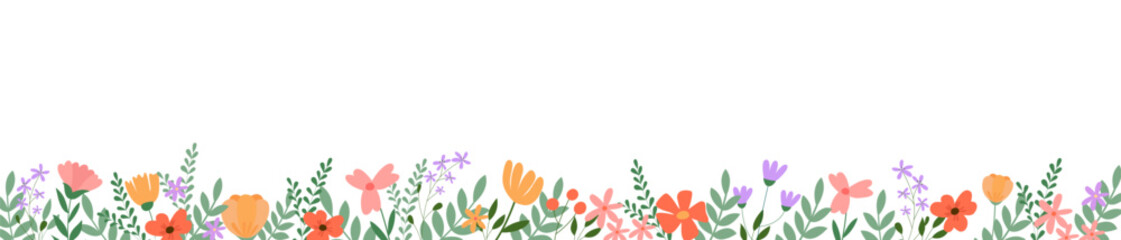 Horizontal white banner or background with beautiful colorful flowers and leaves. Spring botanical flat vector illustration on white background for wallpapers, banners, flyers, invitations, posters	