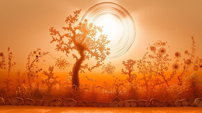 Fantasy landscape with tree and sun. 3d render illustration.