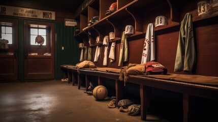 Baseball equipment in the dugout.AI generated image - obrazy, fototapety, plakaty