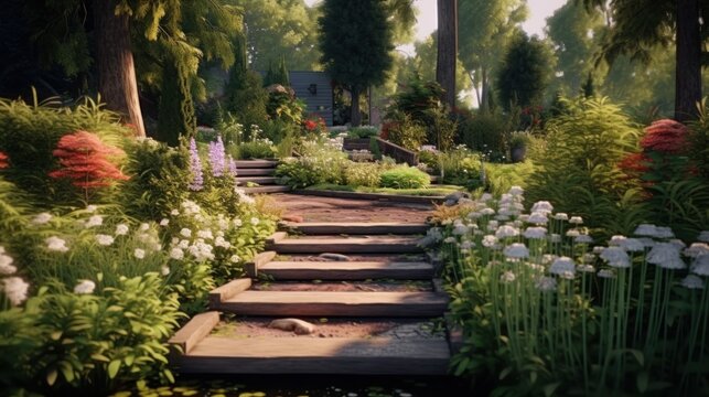 Beautiful summer garden with flowers.AI generated image