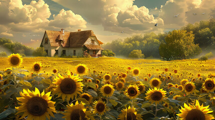 A cozy cottage scene surrounded by fields of sunflowe - obrazy, fototapety, plakaty