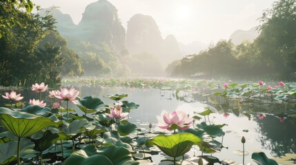 Blooming Lotus flower with Green background.AI generated image - obrazy, fototapety, plakaty