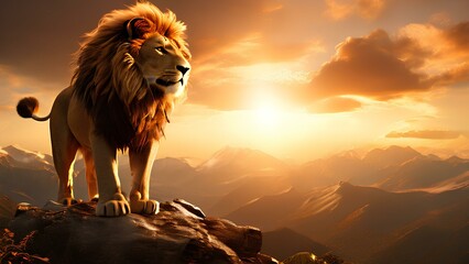 Regal Horizon: Lion's Sunset Vigil - obrazy, fototapety, plakaty