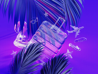 Fluorescent summer travel background. Luggage and travel accessories made of glass on vibrant purple background with palm leaf decoration. 3D Rendering, 3D Illustration
