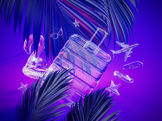 Fluorescent summer travel background. Luggage and travel accessories made of glass on vibrant purple background with palm leaf decoration. 3D Rendering, 3D Illustration - 783723123
