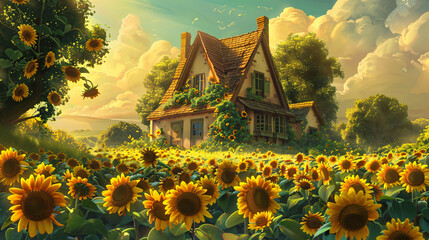 A cozy cottage scene surrounded by fields of sunflowe - obrazy, fototapety, plakaty