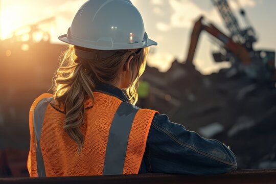 A Photo Of An Industrial Woman Wearing A High Vis Vest And Hard Hat, Looking Over Her Shoulder At The Camera With Construction Machinery 