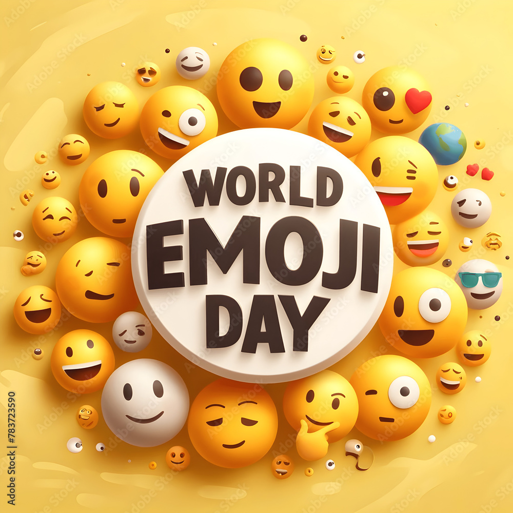 Wall mural World emoji day vector background template. World emoji day text in circle white frame with cute emojis face and different facial expression in yellow empty background. Vector illustration. July 17 