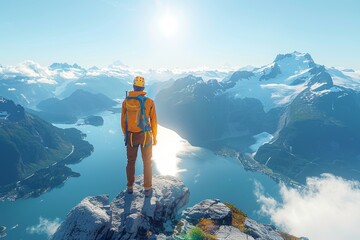 Man Standing on Mountain Top With Backpack - obrazy, fototapety, plakaty