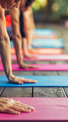 A group of people engaged in a power vinyasa yoga session, focused and aligned on colorful mats in a serene outdoor setting. Perfect for wellness and fitness concepts.