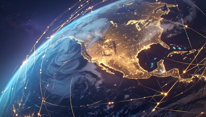 A global map of North America with interconnected light connections, representing the huge network between Canada and the United States