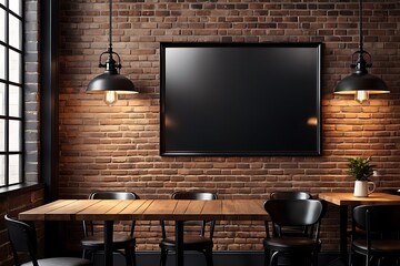  Front view blank black menu frame on a brick wall with lamp in loft cafe interior design, mockup 3d rendering design. 