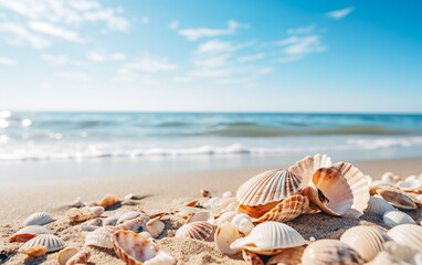 Fototapeta na wymiar Close-up of seashells on the beach,created with Generative AI tecnology.