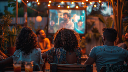 Fototapeta na wymiar A group of friends watching a classic LGBTQ+ film at an outdoor movie night, pride month theme