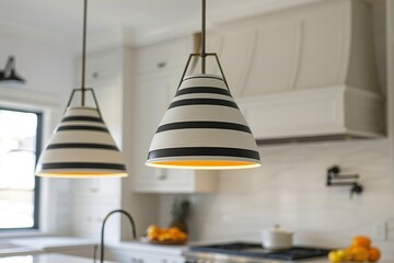 Striped pendant lights add a graphic statement to a modern kitchen interior.