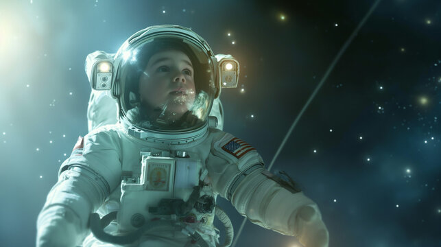 Child in Space Suit Floating Tethered in Space.