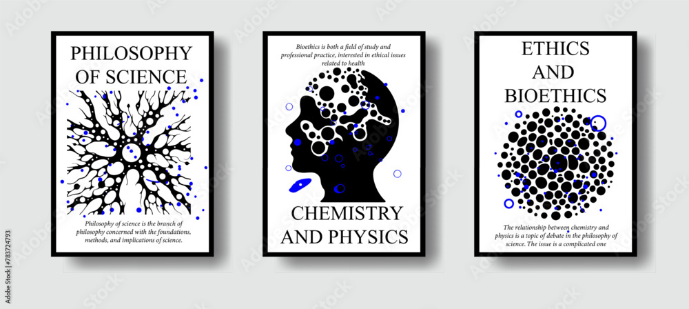 Poster Set of science-themed posters with abstract compositions of geometric figures and simple stylized illustrations of the human head and nerve cells.