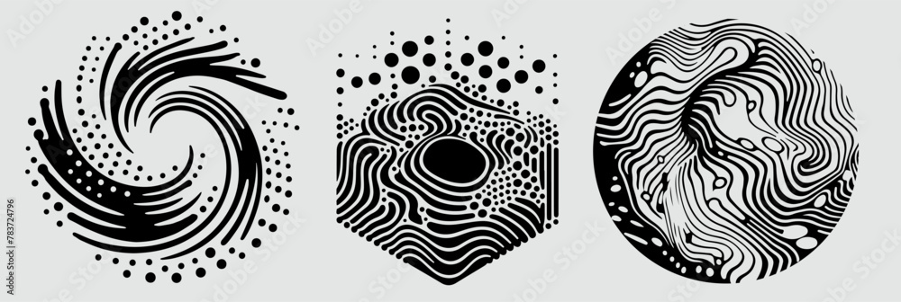 Poster Set of different shapes with psychedelic trippy pattern resembling ink blots and stains. Perfect for science and technology subject illustrations.