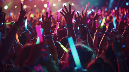At a disco concert party nightclub the crowd audience raises their hands, cheers, waves glow sticks while the colorful purple-orange stage lights shine brightly