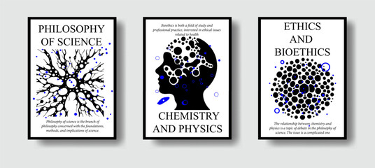 Set of science-themed posters with abstract compositions of geometric figures and simple stylized illustrations of the human head and nerve cells. - 783724793