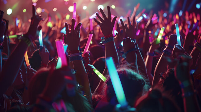 At a disco concert party nightclub the crowd audience raises their hands, cheers, waves glow sticks while the colorful purple-orange stage lights shine brightly