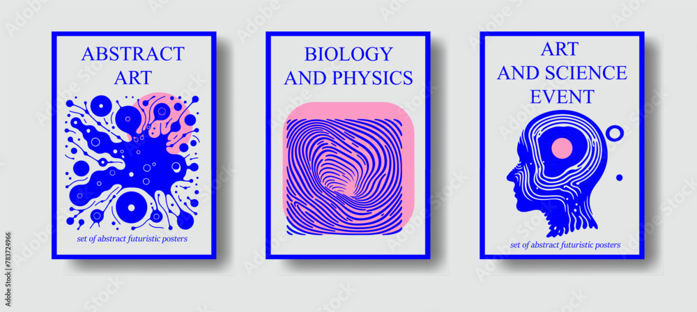Poster set of science-themed posters with abstract compositions of geometric figures and simple stylized il