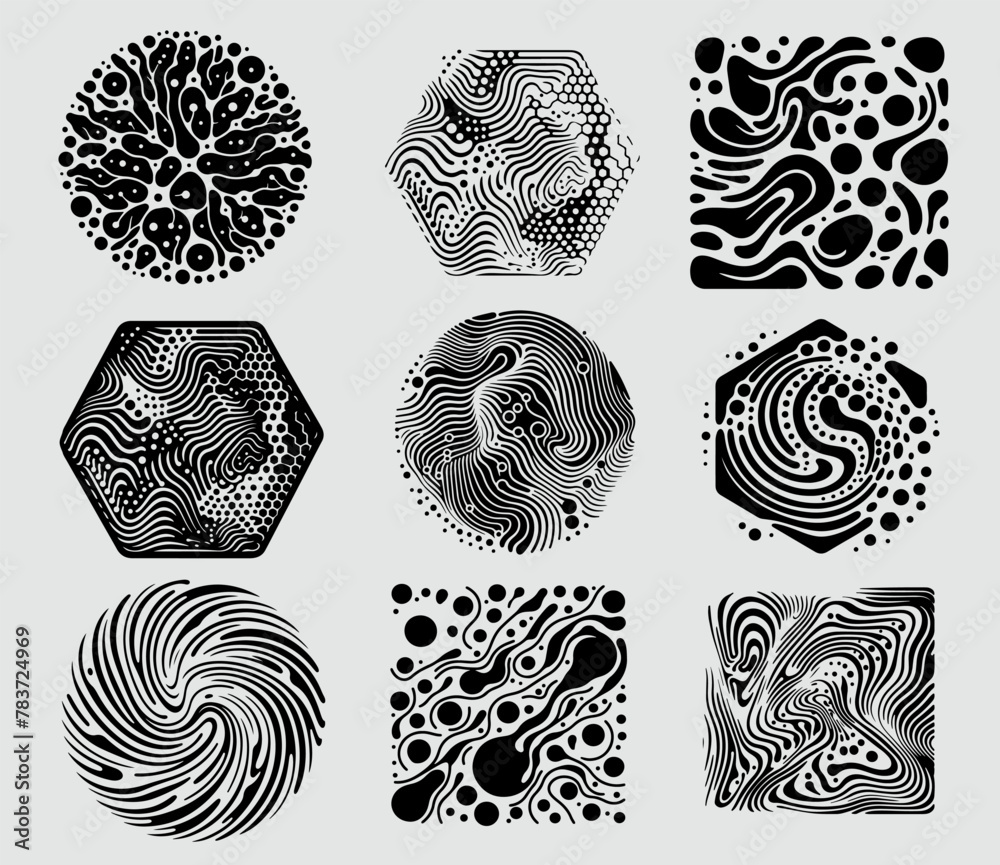 Poster Set of different shapes with psychedelic trippy pattern resembling ink blots and stains. Perfect for science and technology subject illustrations.
