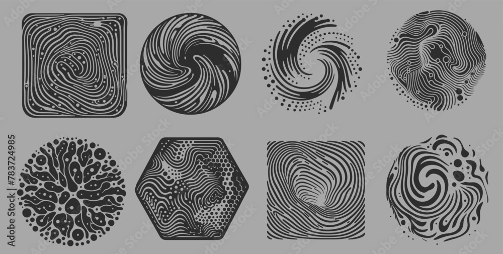 Aufkleber Set of different shapes with psychedelic trippy pattern resembling ink blots and stains. Perfect for science and technology subject illustrations.