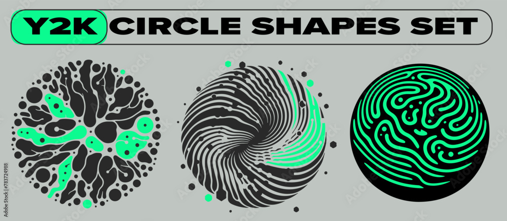 Poster Set of different round shapes with psychedelic trippy pattern resembling ink blots and stains. Perfect for science and technology subject illustrations.