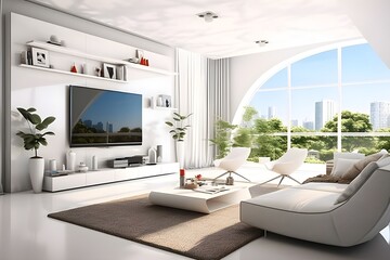 Stylish minimalist living room with modern design and television