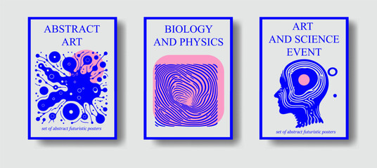 Set of science-themed posters with abstract compositions of geometric figures and simple stylized illustrations of the human head and nerve cells. - 783724966