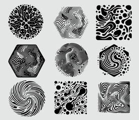 Set of different shapes with psychedelic trippy pattern resembling ink blots and stains. Perfect for science and technology subject illustrations. - 783724969