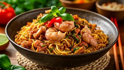  Delicious shrimp stirfry with noodles ready to be savored