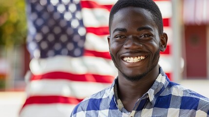 Smiling black man in front of an American flag