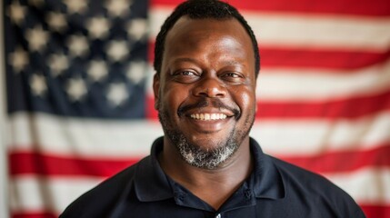 Smiling black man in front of an American flag