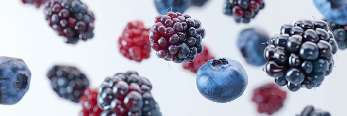blue berry and black berry falling on white background banner
