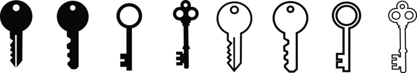 Key icon symbol flat and line style set. Door or house key to unlock lock collection. Security system concept represented by outline and silhouette key sign group