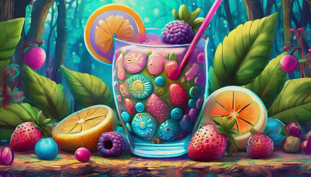 OIL PAINTING STYLE  CARTOON  ILLUSTRATION Cocktail with fruits and berries,